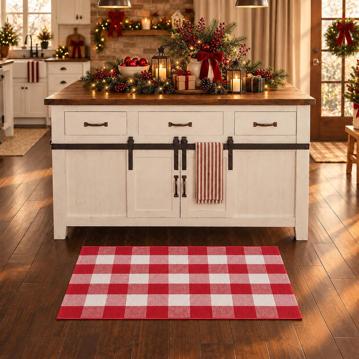 Christmas Red and White Plaid Door Mat