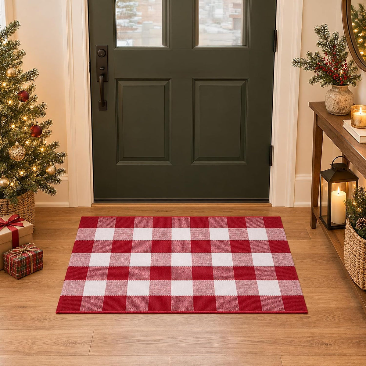 Christmas Red and White Plaid Door Mat