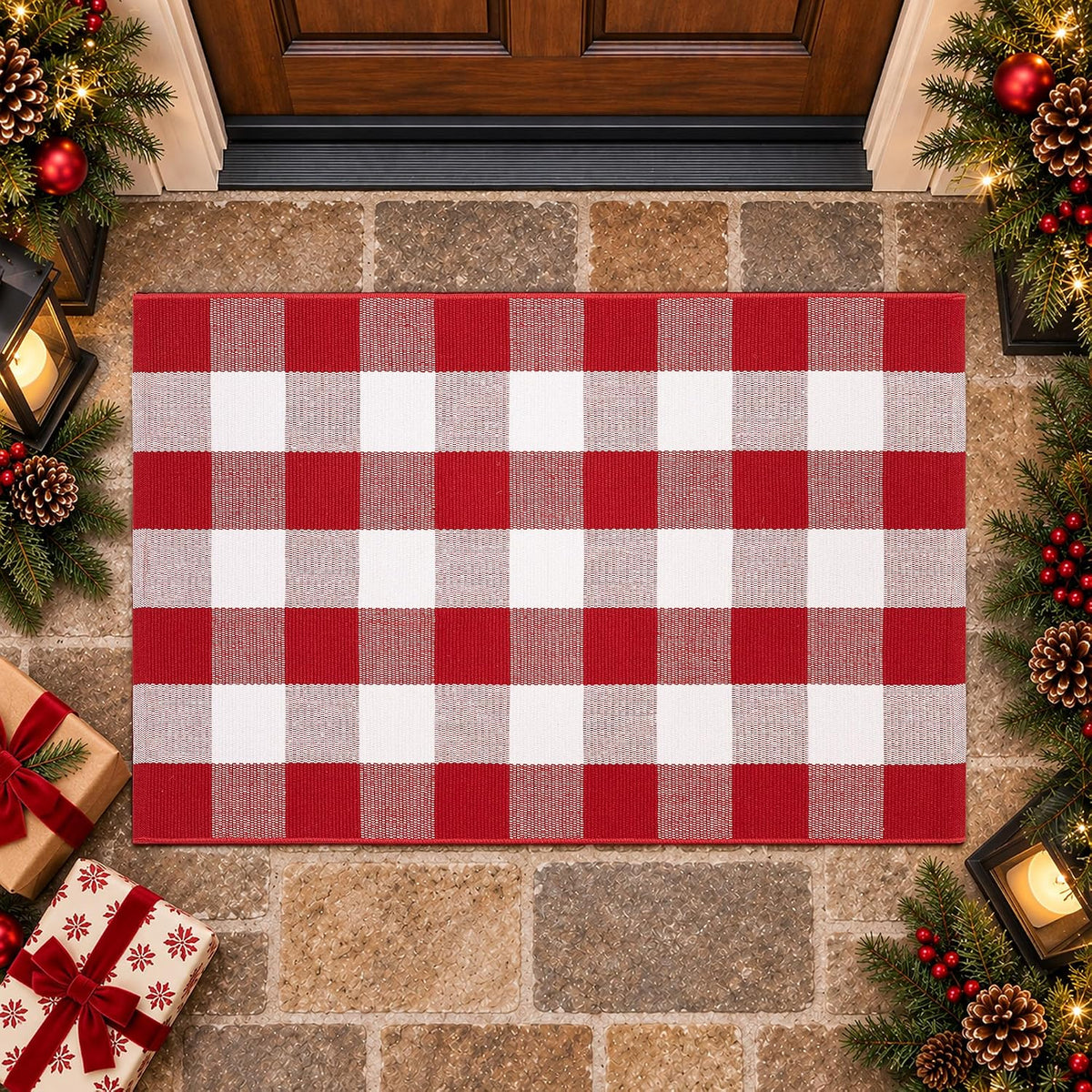 Christmas Red and White Plaid Door Mat