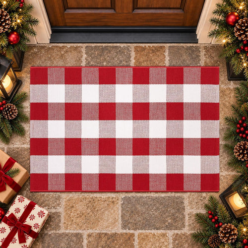 Christmas Red and White Plaid Door Mat