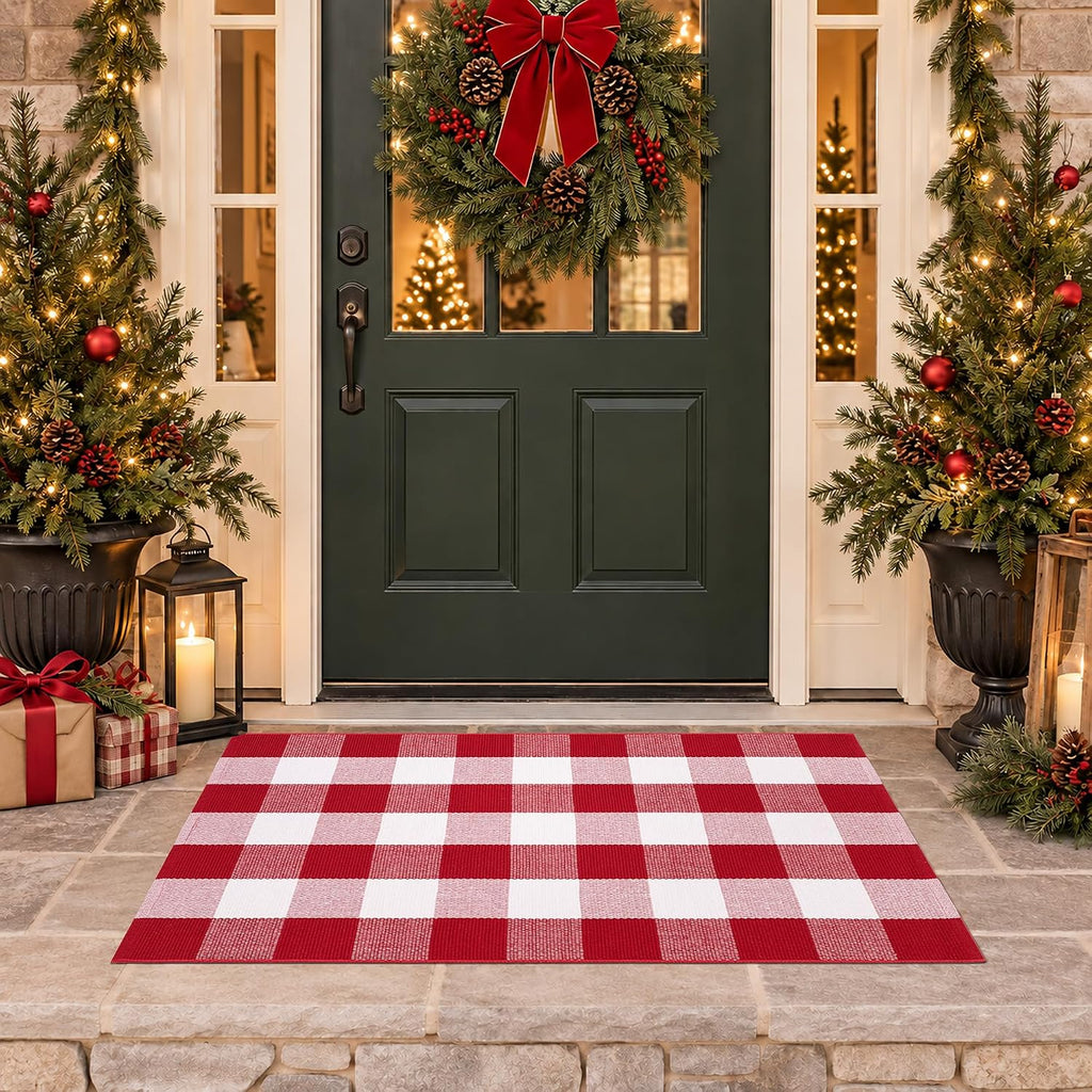 Christmas Red and White Plaid Door Mat