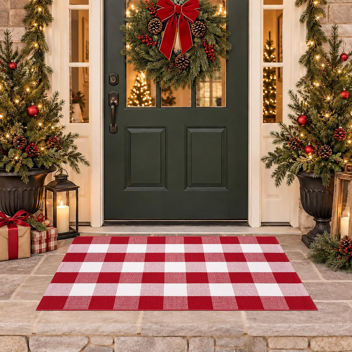 Christmas Red and White Plaid Door Mat