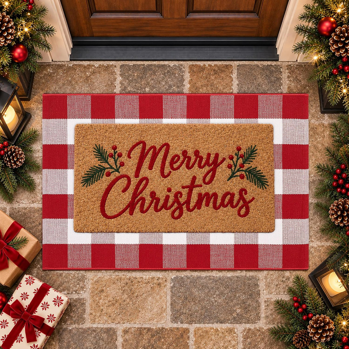 Christmas Red and White Plaid Door Mat